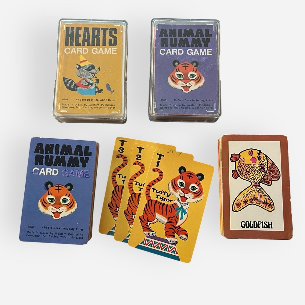 Vintage Whitman Playing Card Game LOT Animal Rummy x2 Go Fish Hearts‎ READ